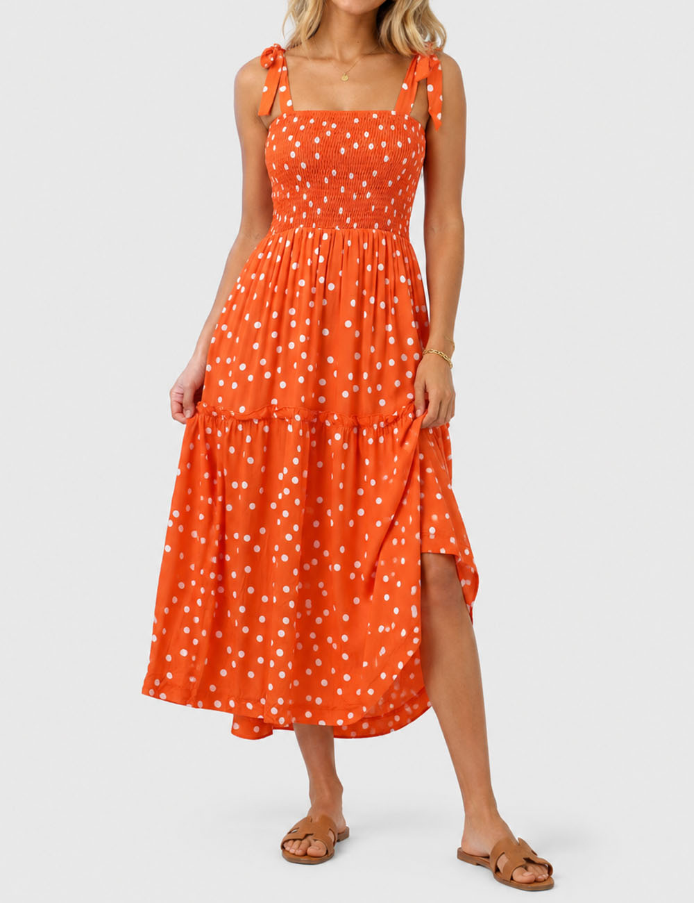 Ladies Abstract Print Smocked Tie Strap Square Neck Midi Dress