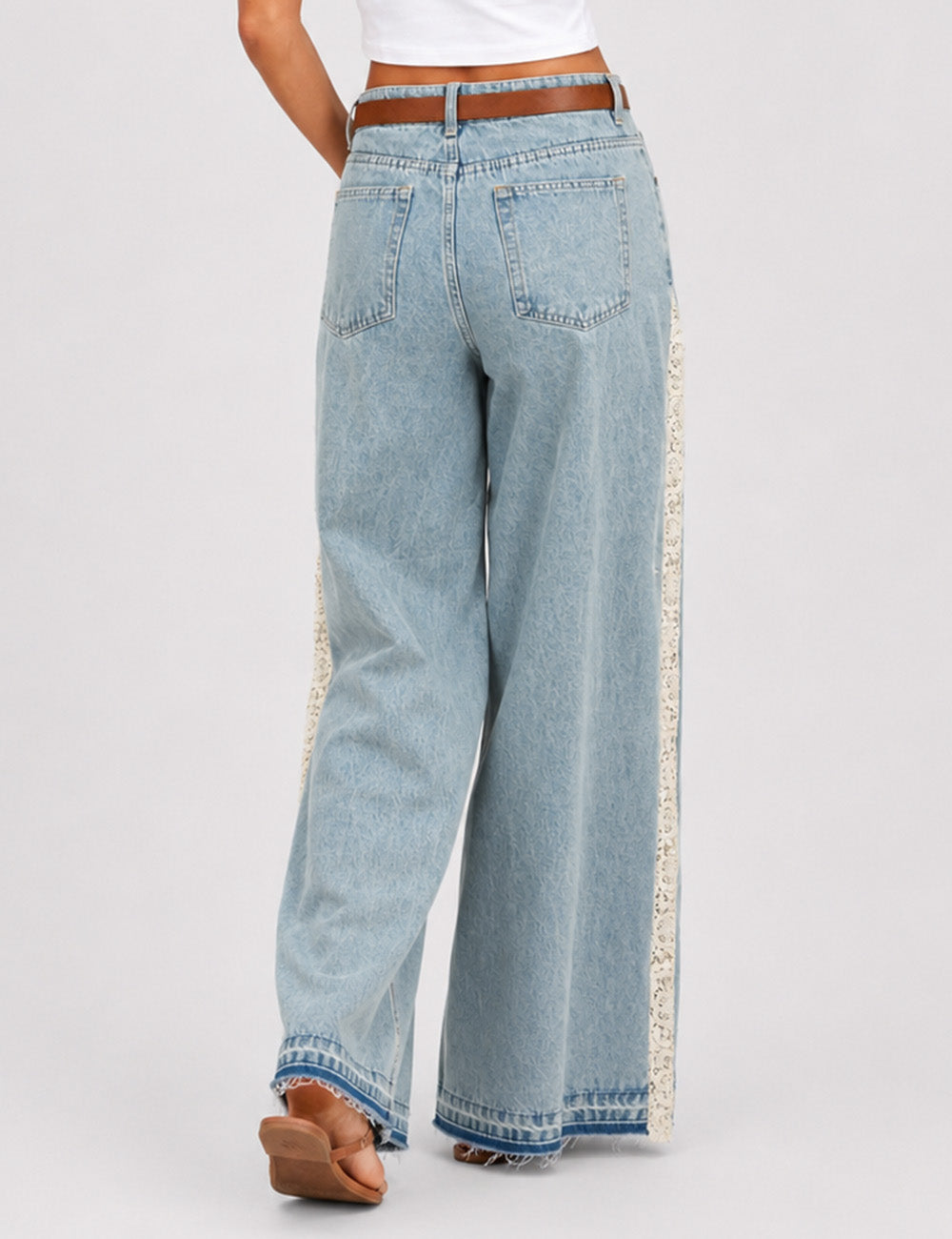 Ladies Lace Panel Washed Jeans Wide Leg Denim Pants