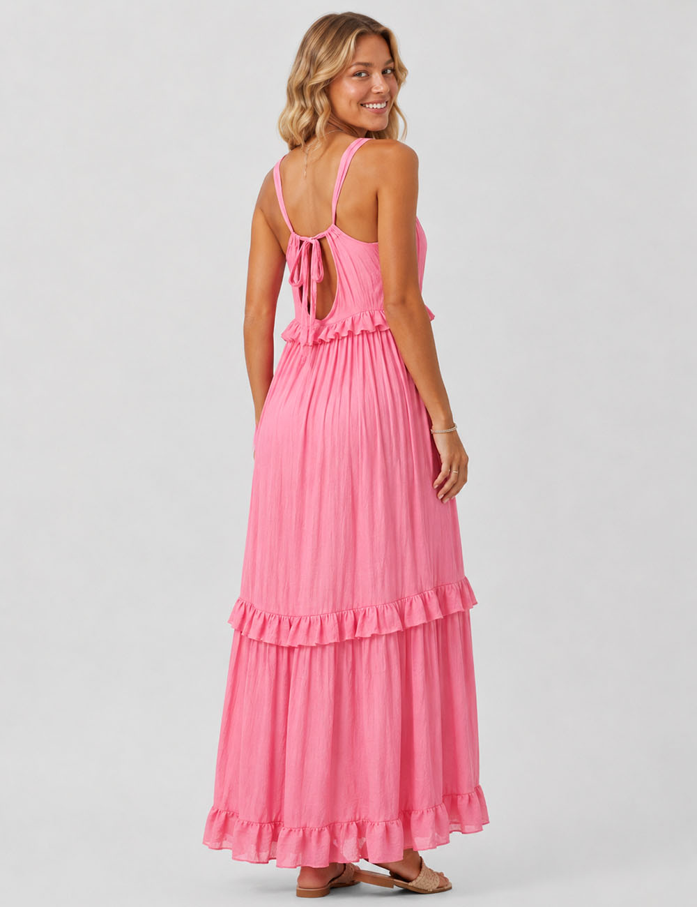 Ladies Boho Ruffle Tiered Hem Sleeveless Solid Color Maxi Dress