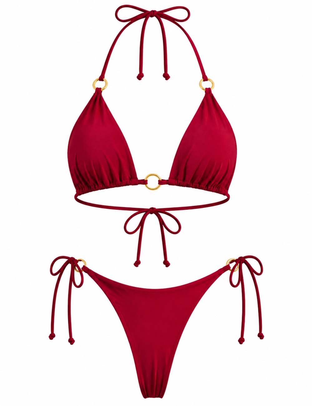 Ladies Solid Color Gold Ring Halter Triangle Bikini Set