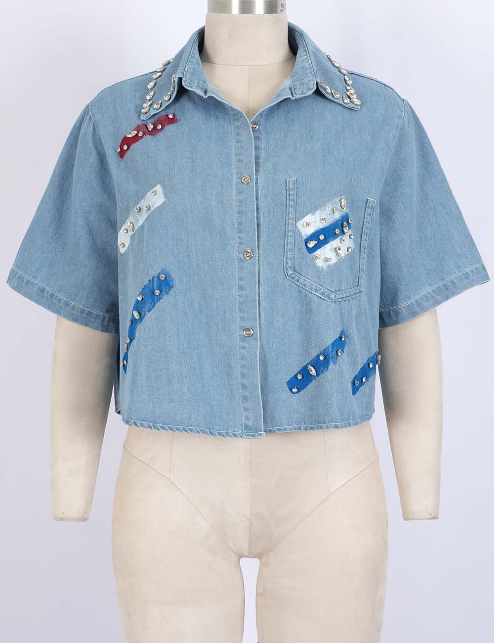 Ladies Rhinestone Shirt Collar Short Sleeves Button-Up Denim Top