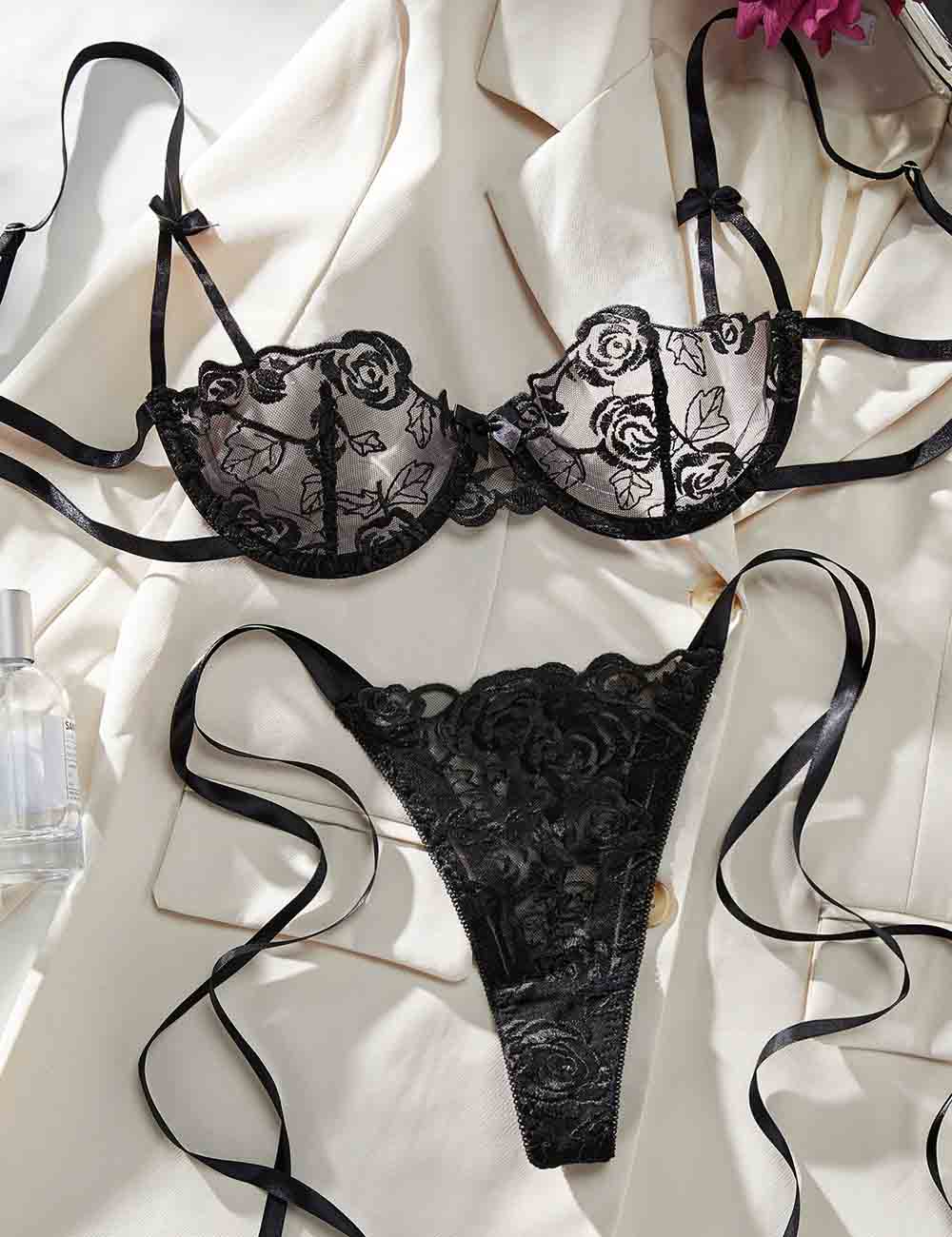 Ladies Floral Embroidery See Through 2PCS Lingerie Set 8HF4217