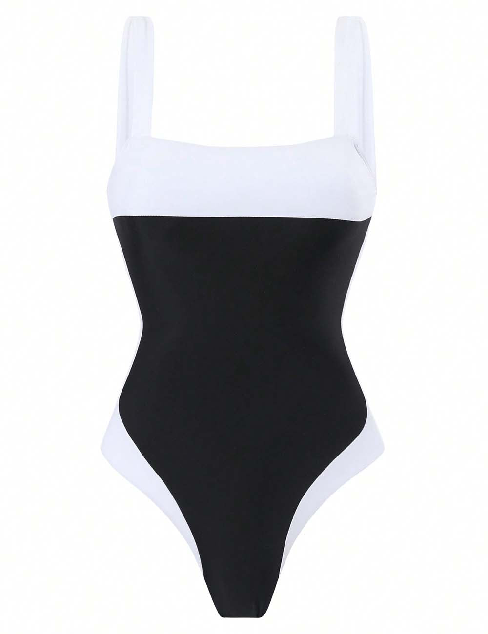 Ladies Color Block Square Neck One Piece Swimsuit