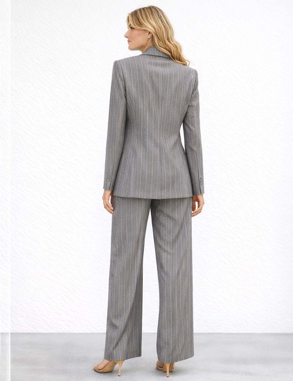 Ladies Double Breasted Striped Blazer & Wide Leg Pants Matching Set