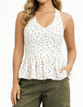 Ladies Polka Dot Halter Ruffle Hem V-Neck Sleeveless Top
