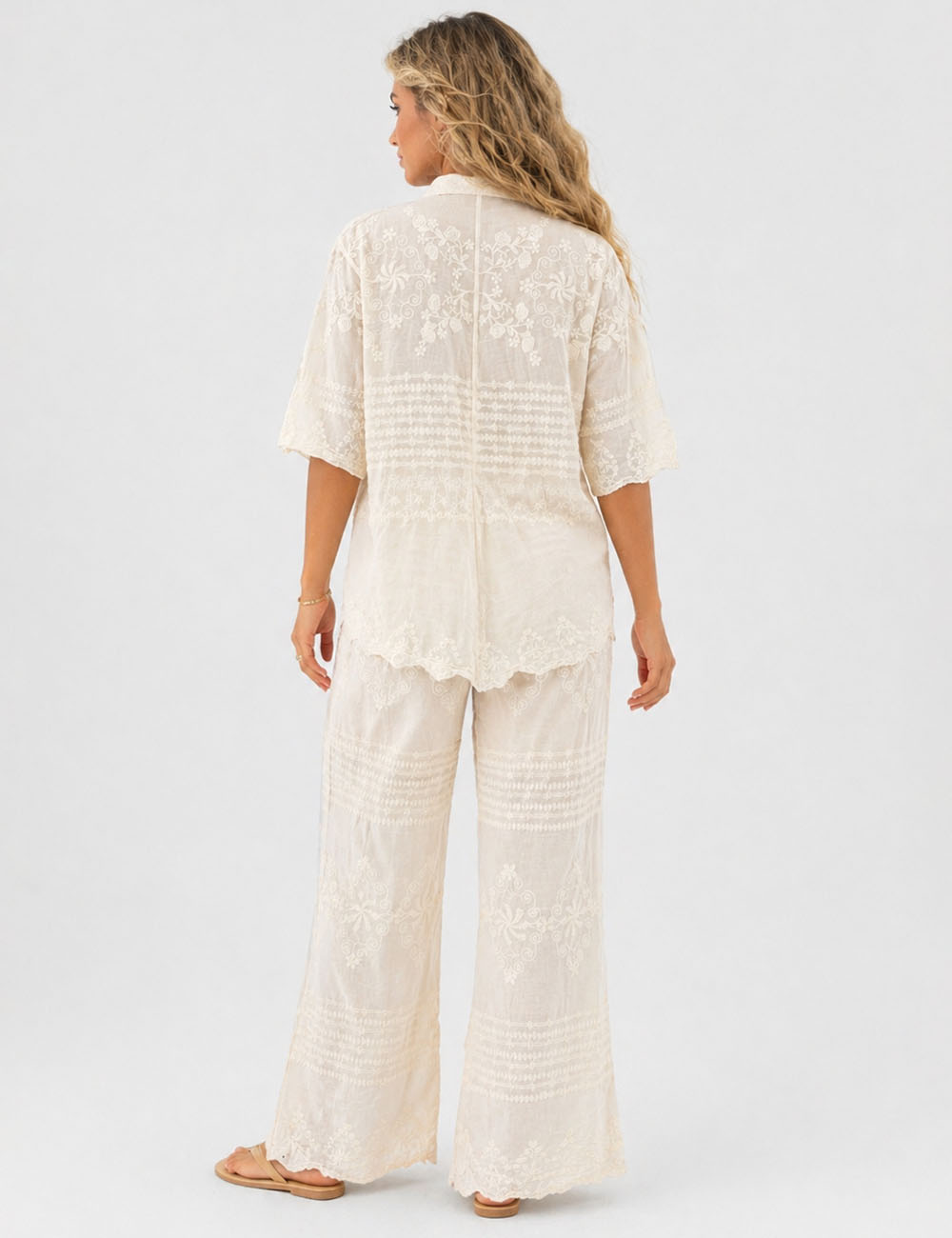 Ladies Chic Embroidery Button-Up Blouse & Pants Matching Set