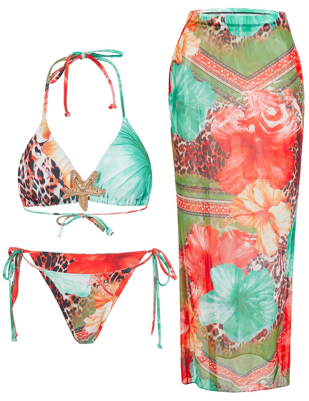 Ladies Tropical Print Triangle Bikini Set with Sarong Skirt