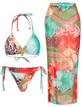 Ladies Tropical Print Triangle Bikini Set with Sarong Skirt