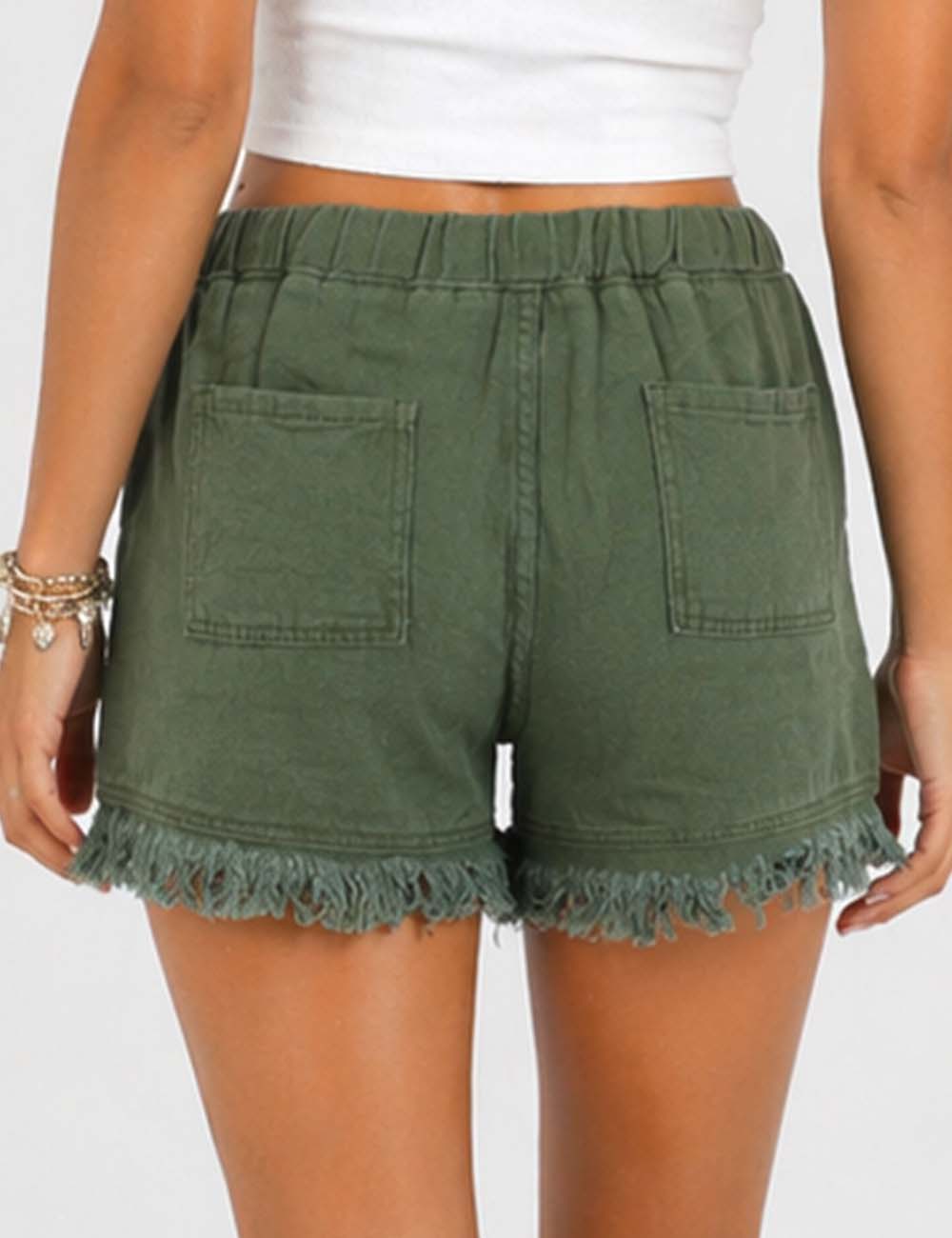 Ladies Solid Color Drawstring Waist Frayed Hem Denim Shorts