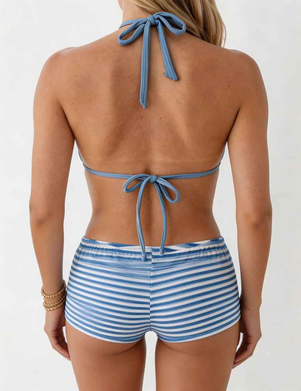 Ladies Striped Tie Back Triangle Halter Bikini Top & Shorts Swimsuit Set