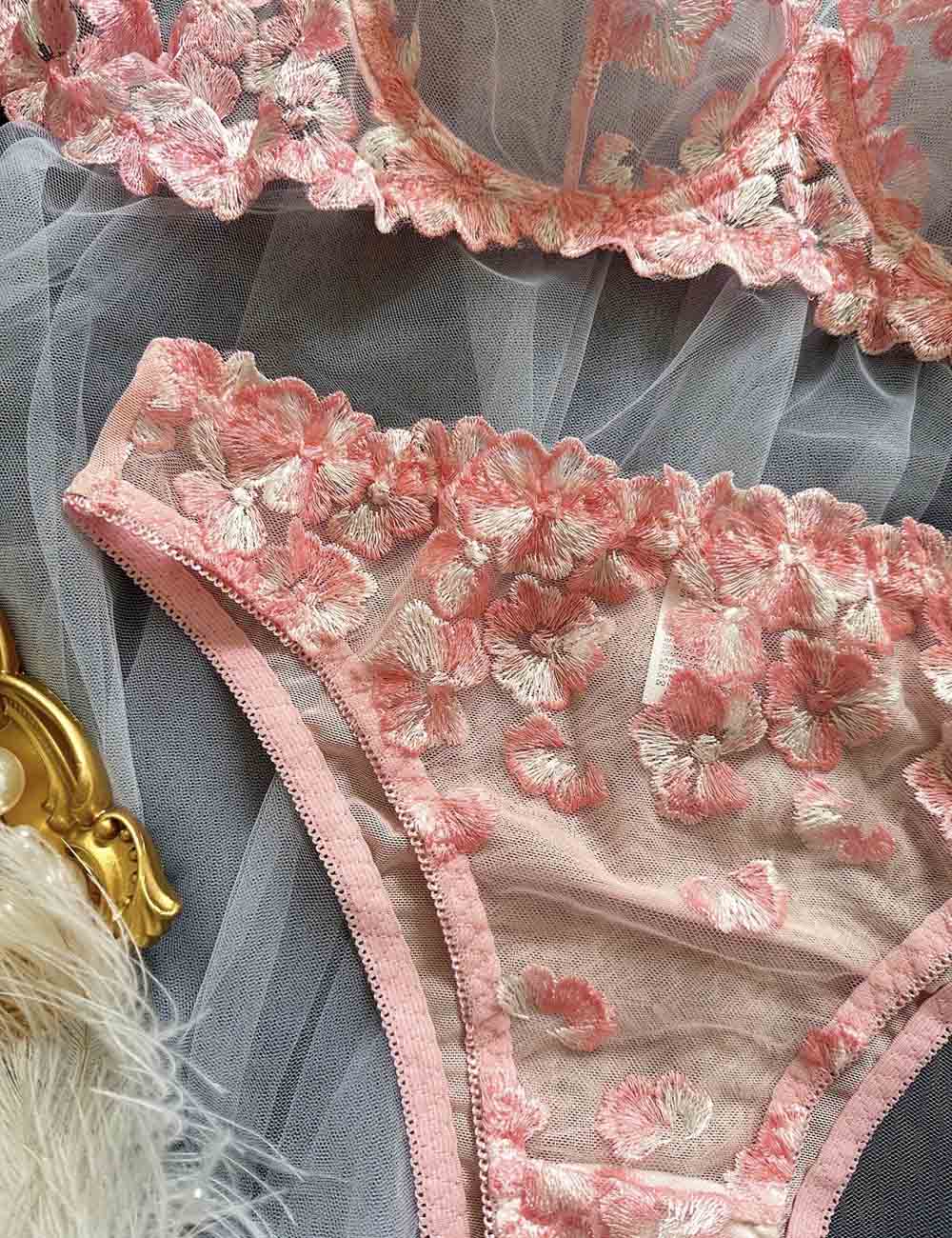 Ladies Floral Embroidery See Through 2PCS Lingerie Set 8HF4113