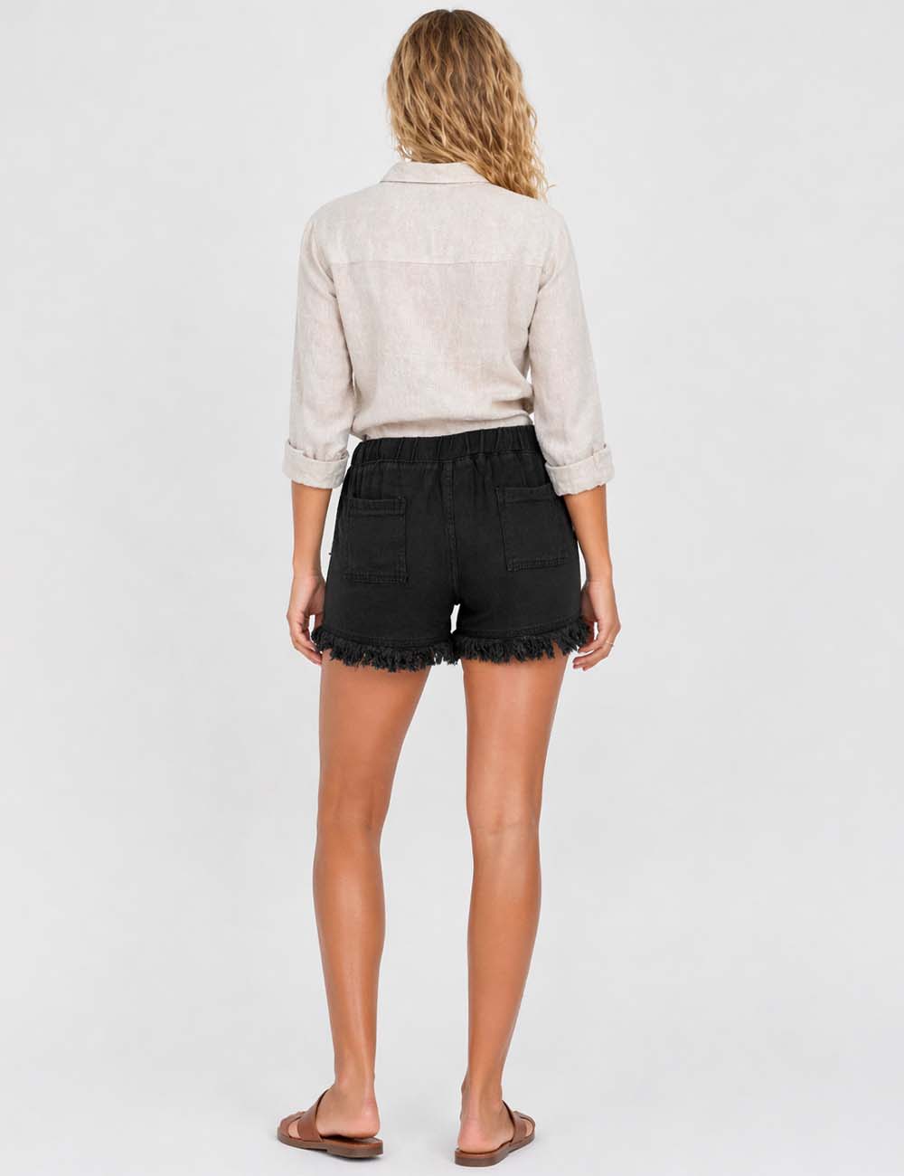Ladies Solid Color Drawstring Waist Frayed Hem Denim Shorts
