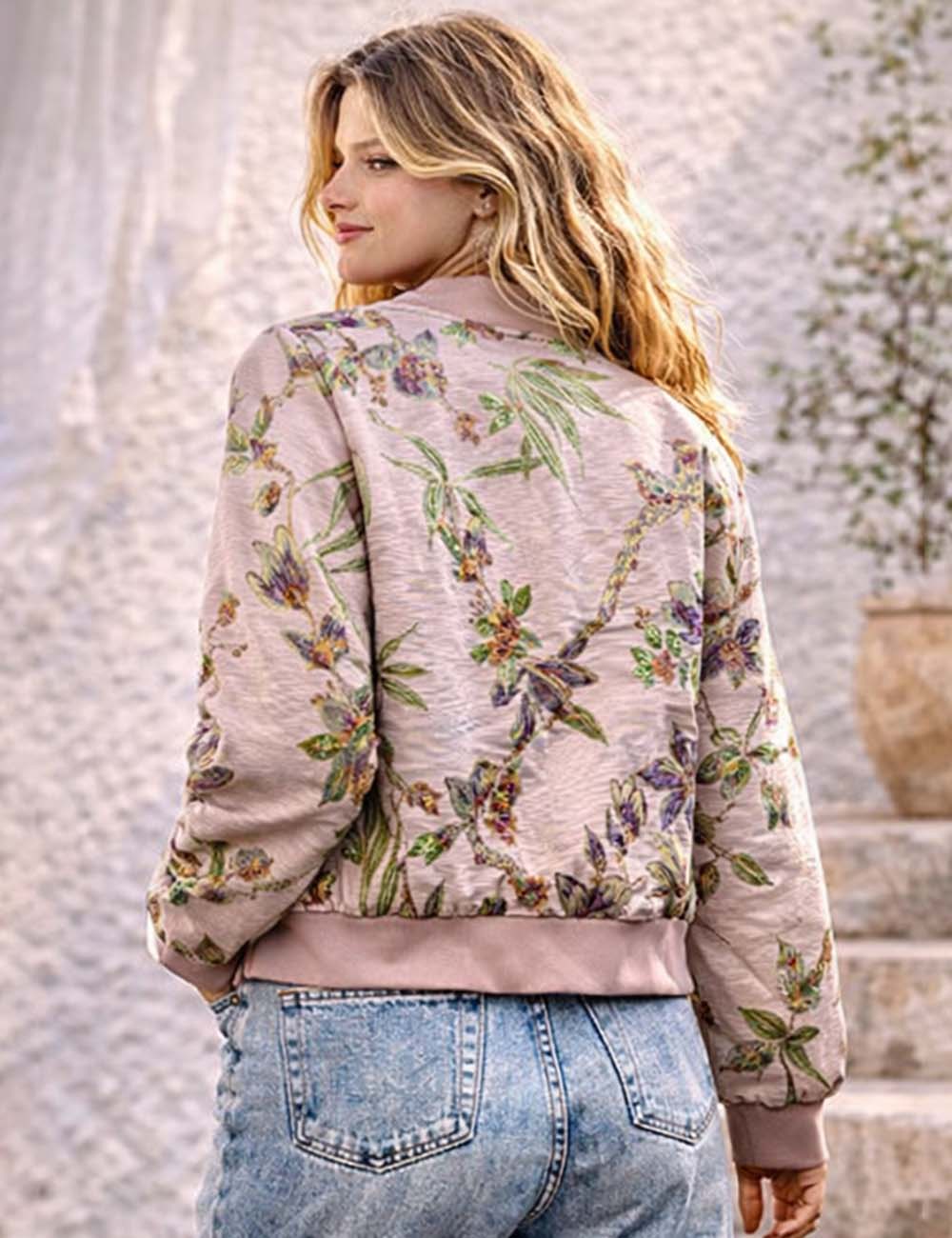 Ladies Beaded Floral Jacquard Zip-Up Long Sleeves Bomber Jacket