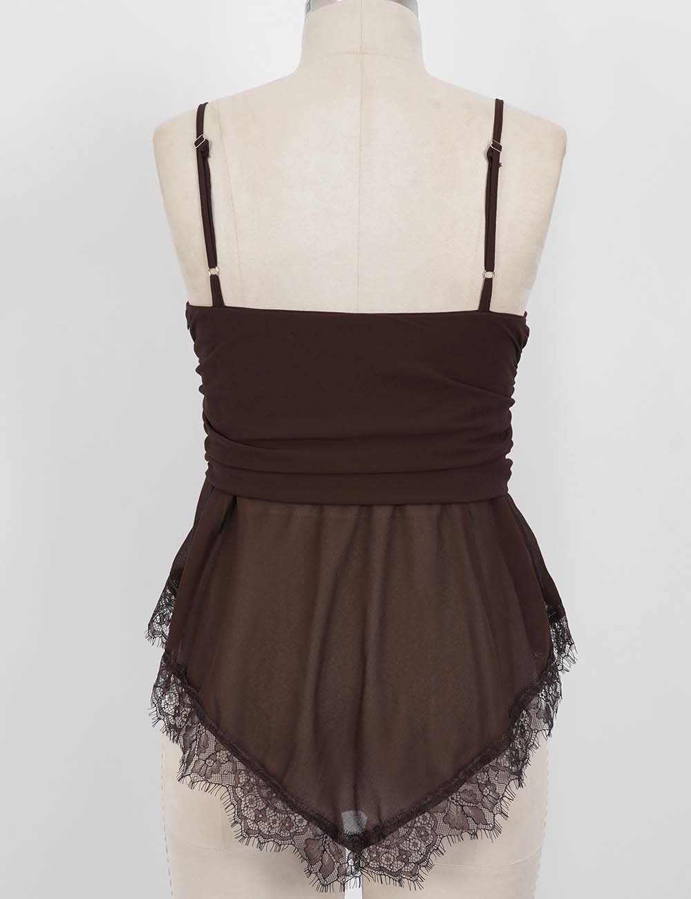 Ladies Sheer Mesh Lace Hem Spaghetti Strap Cami Top