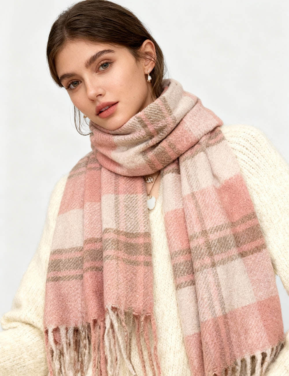 Ladies Vintage Fashion Plaid Pattern Oblong Tassel Knit Scarf