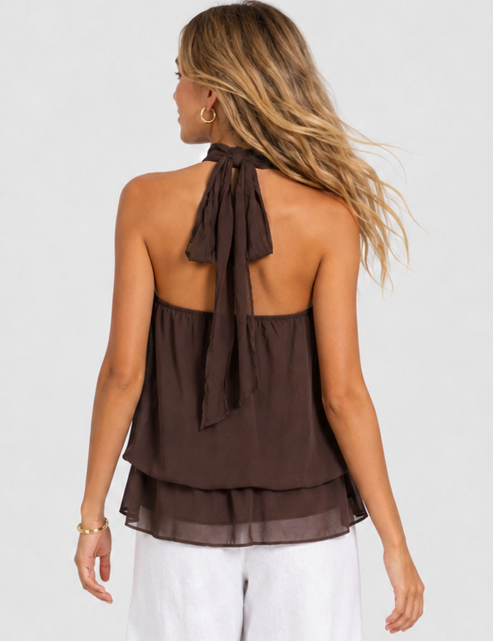 Ladies Chiffon Stand Neck Solid Color Ruffle Hem Sleeveless Top