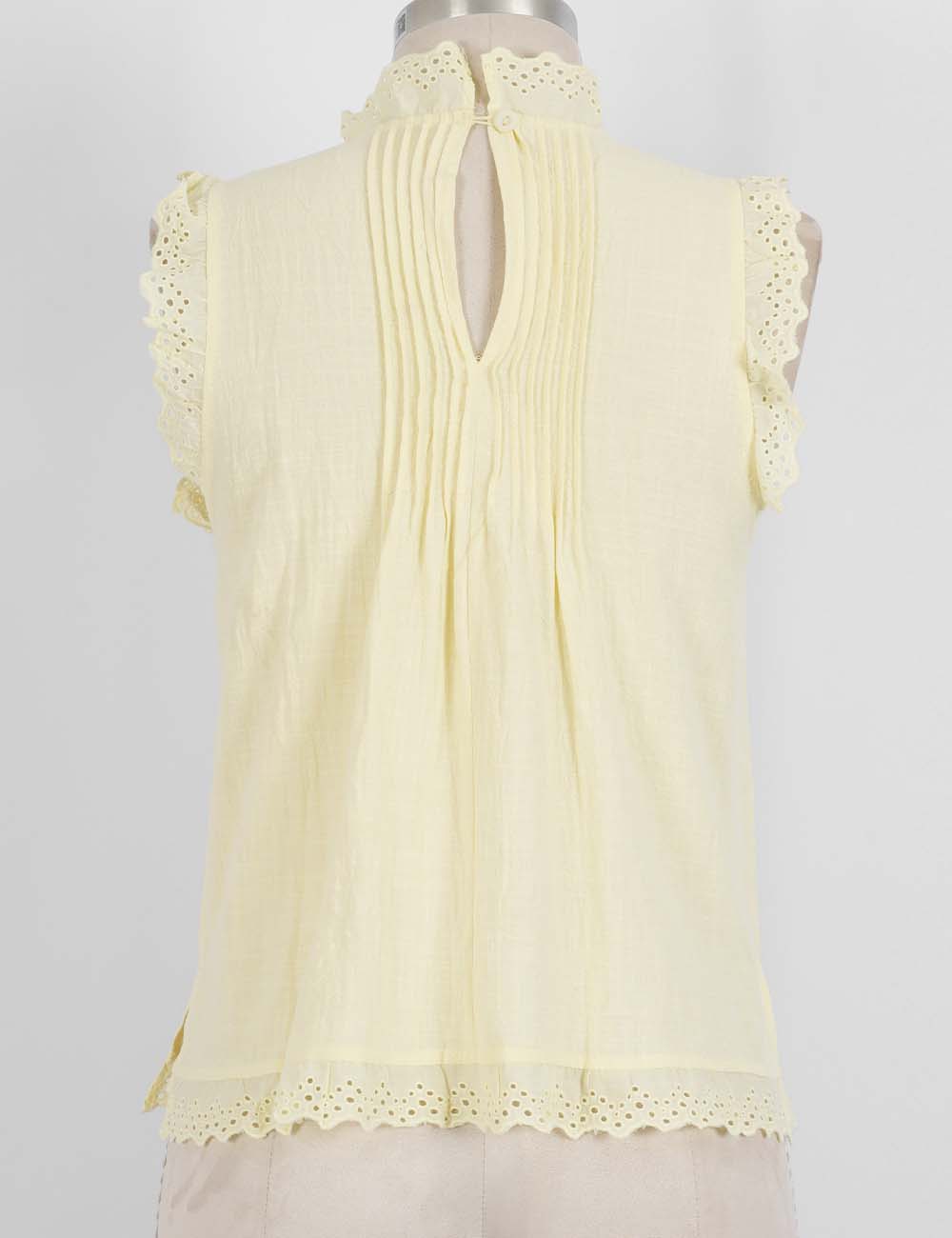 Ladies Boho Eyelet Lace Pleated Round Neck Sleeveless Babydoll Top