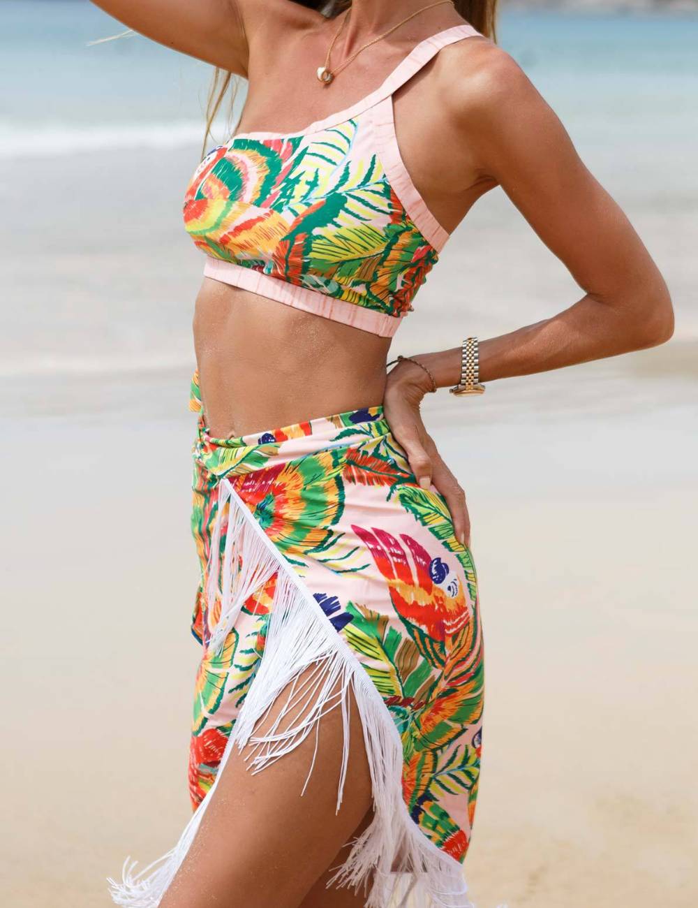 Ladies Print Tassels One Shulder Bikini Set SKSW40118