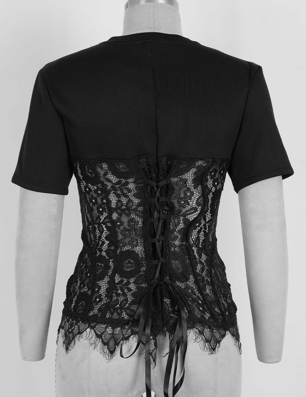 Ladies Lace Scalloped Hem Round Neck Short Sleeves Top