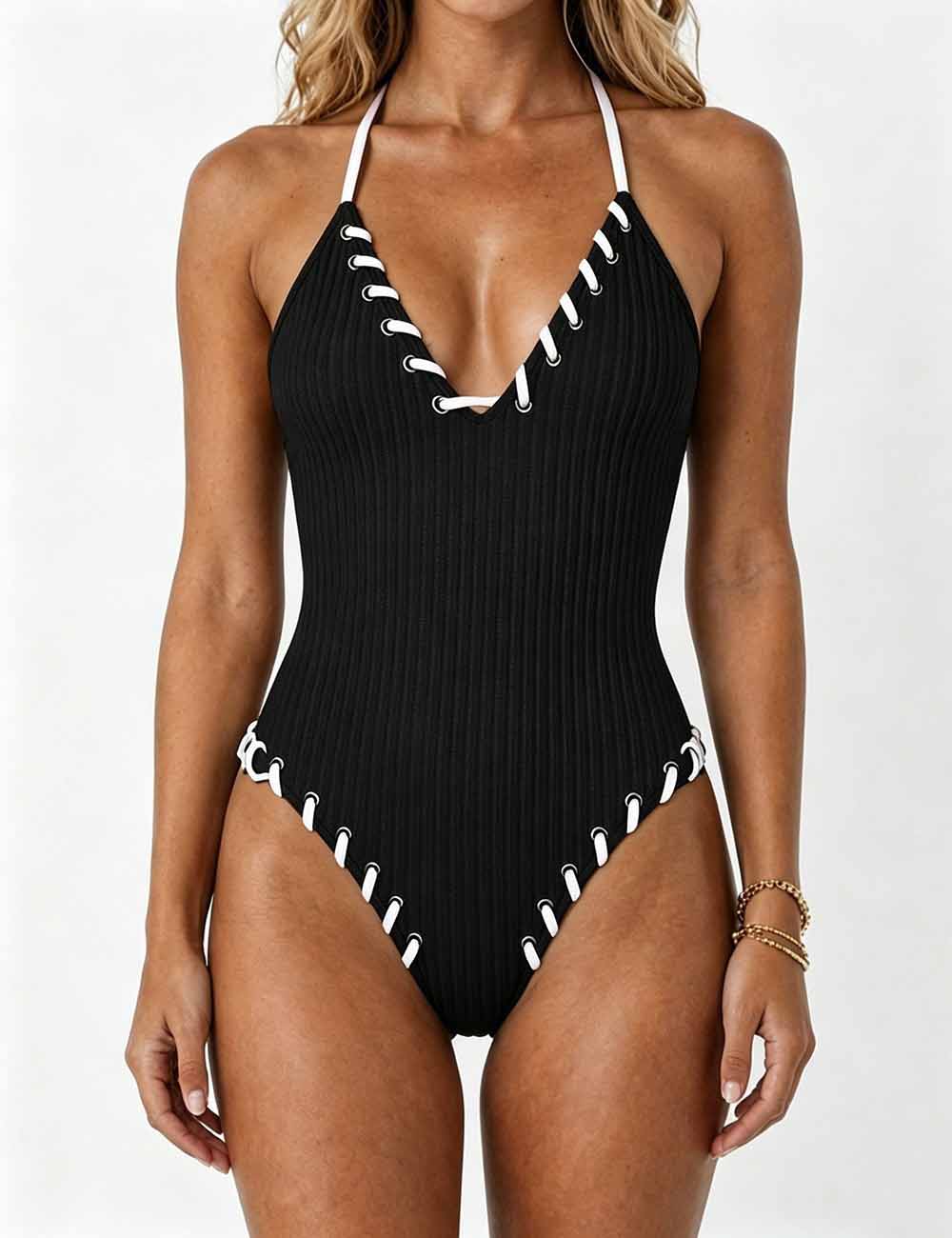 Ladies Lace-Up Accents Along High Leg Cut One Piece Swimsuit