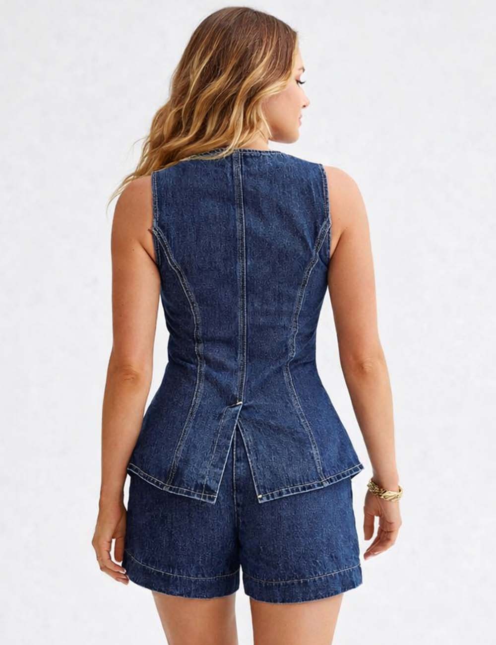 Ladies Sleeveless Button Front Denim Vest & Shorts Matching Set
