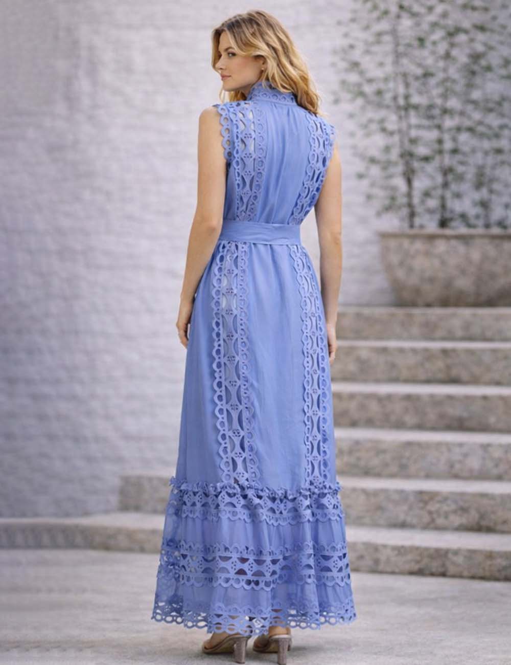 Ladies Embroidery Eyelet Button Down Belted Maxi Dress
