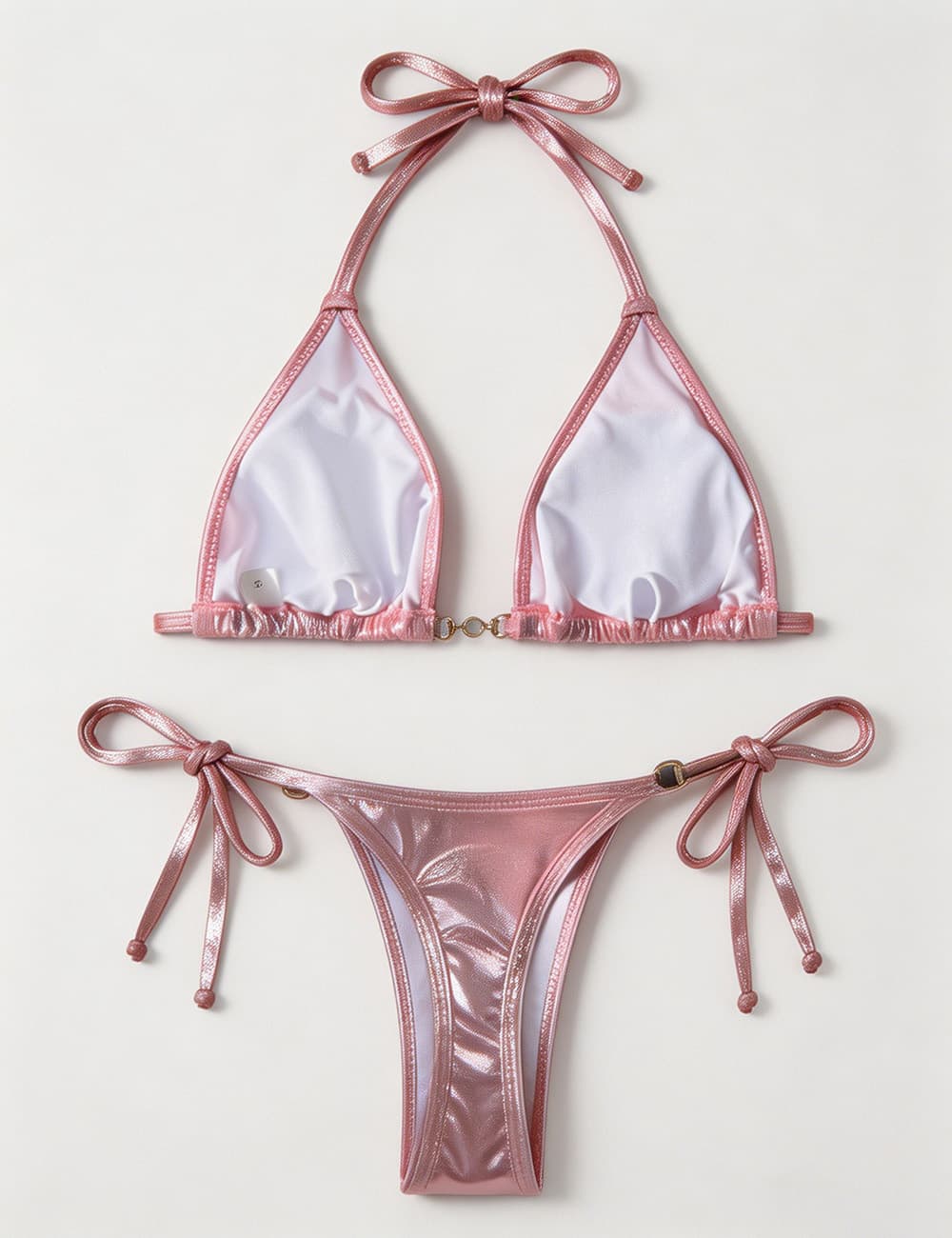 Ladies Metallic Pearl Ring Halter Triangle 2 Piece Bikini Set