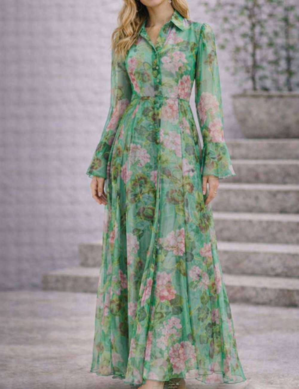 Ladies Floral Print Chiffon Long Sleeves Belted Shirt Maxi Dress
