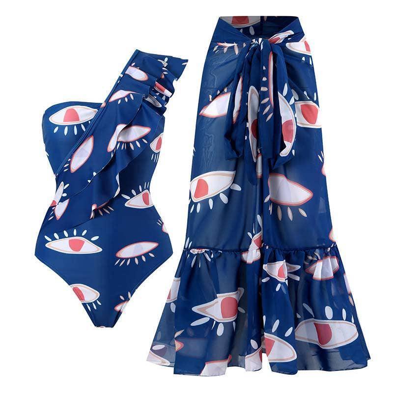 Eyes Print Blue One Piece Swimwear with Cover