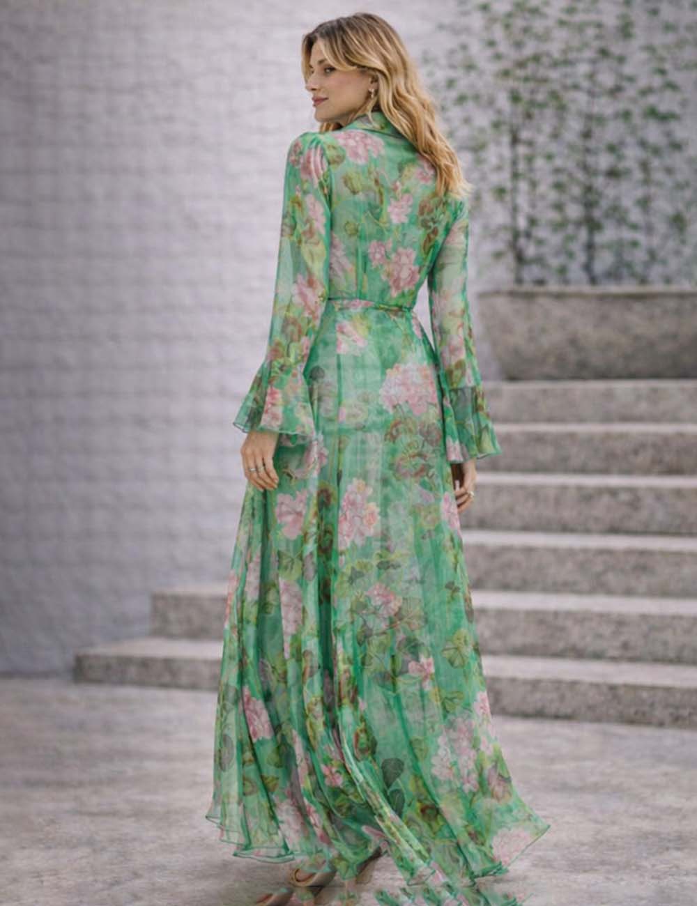Ladies Floral Print Chiffon Long Sleeves Belted Shirt Maxi Dress