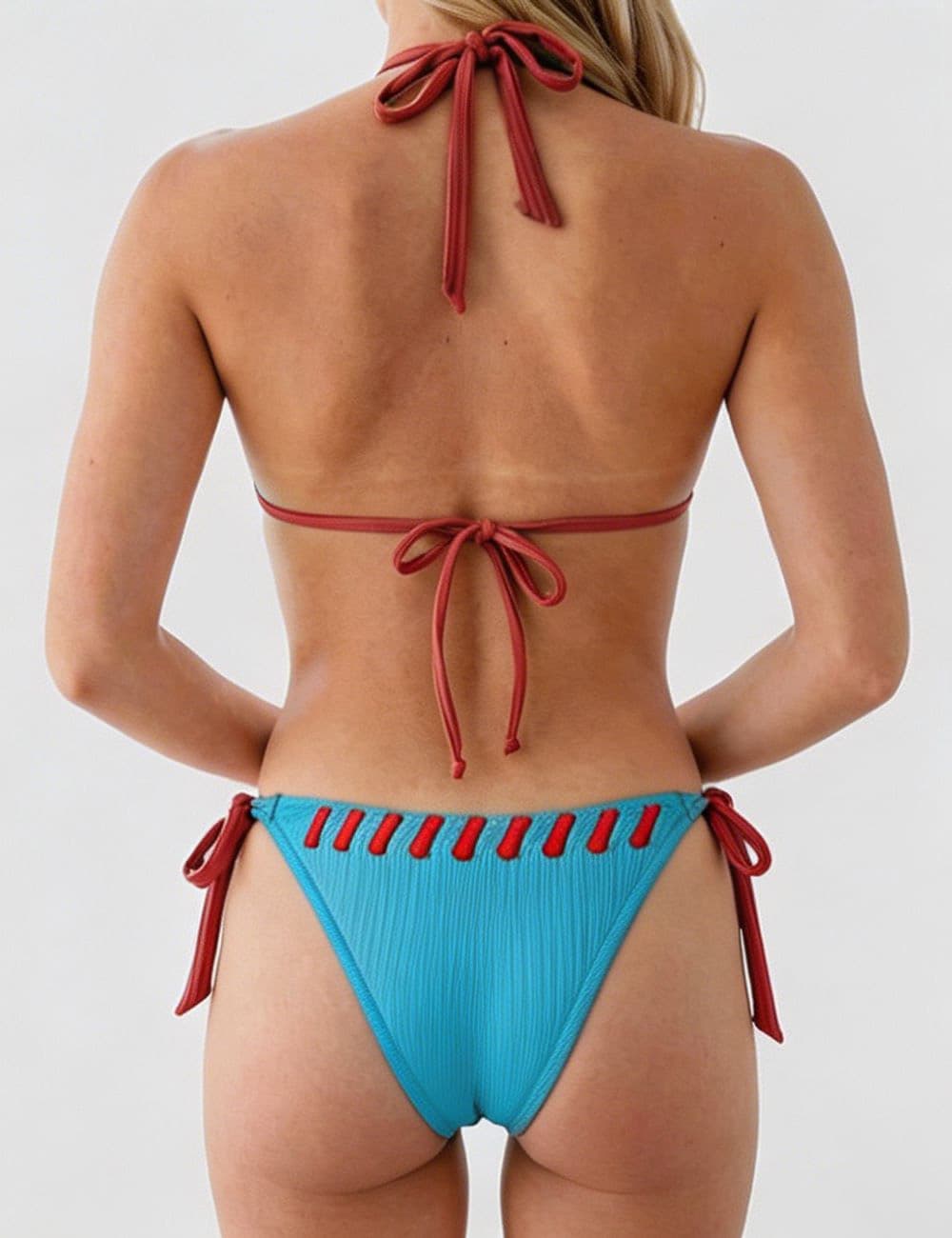 Ladies Contrast Stitch Ribbed Halter Triangle 2 Piece Bikini Set