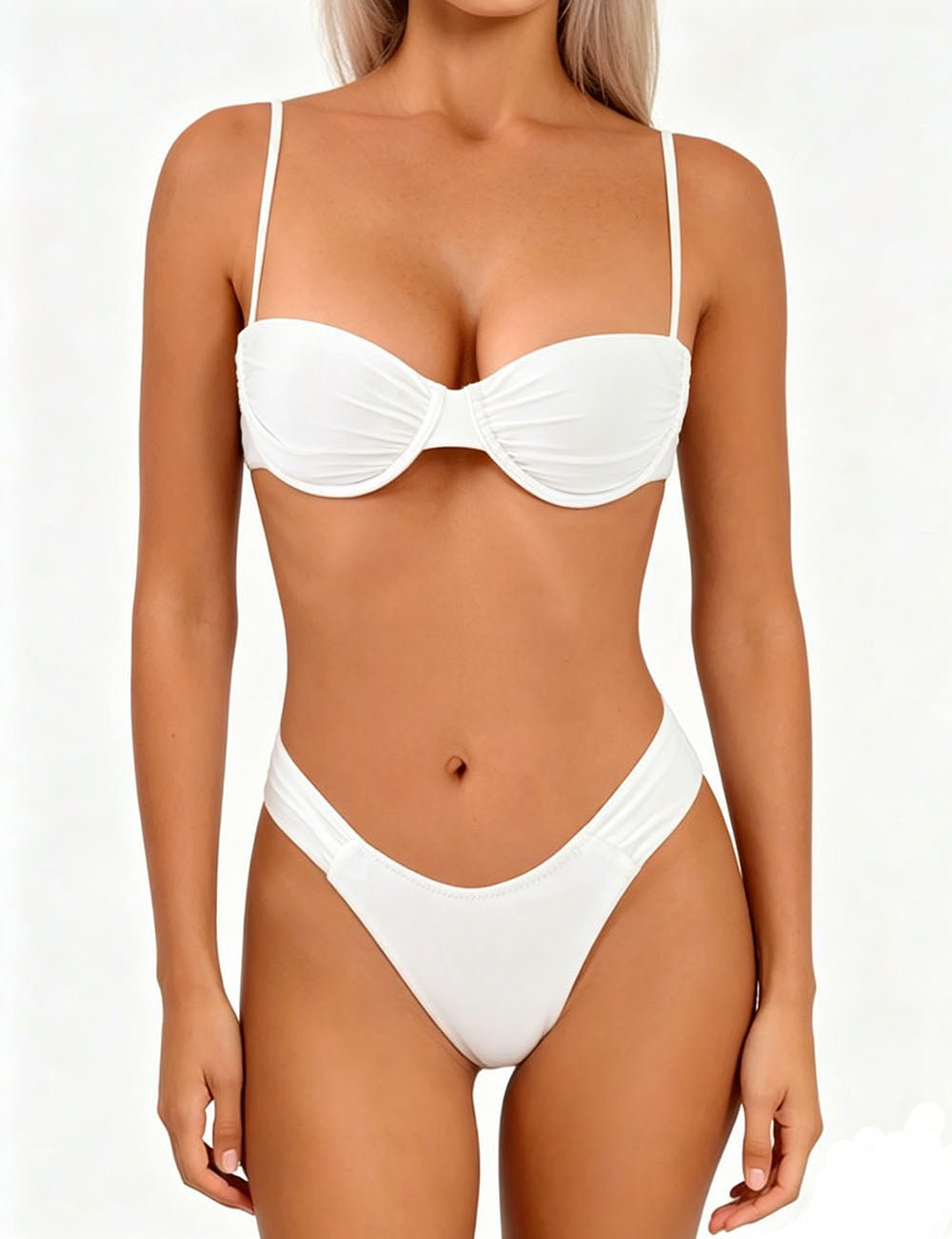 Ladies Solid Color Spaghetti Ruched Underwire Bikini Set