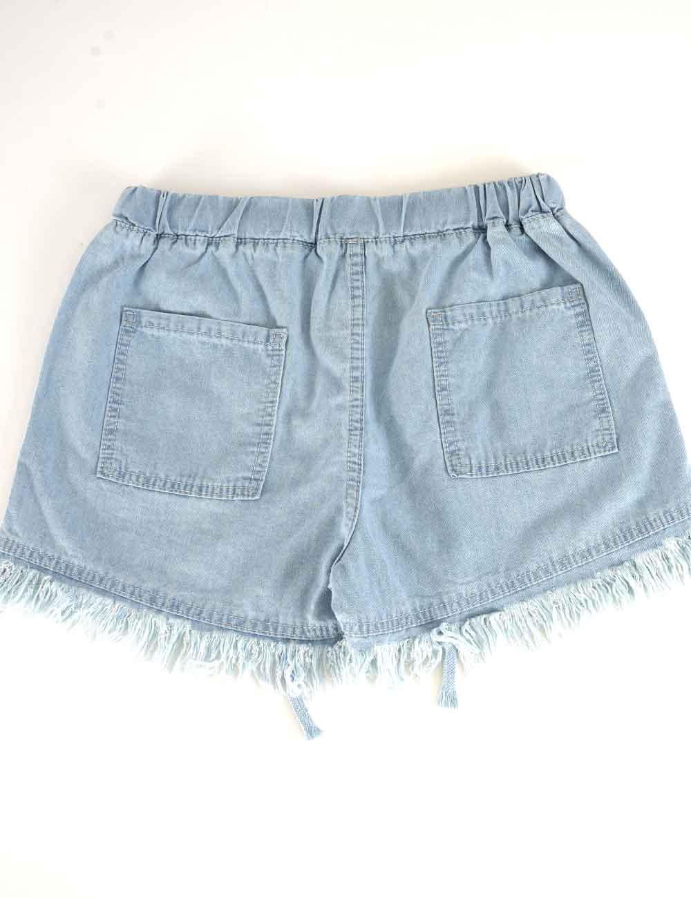 Ladies Solid Color Drawstring Waist Frayed Hem Denim Shorts