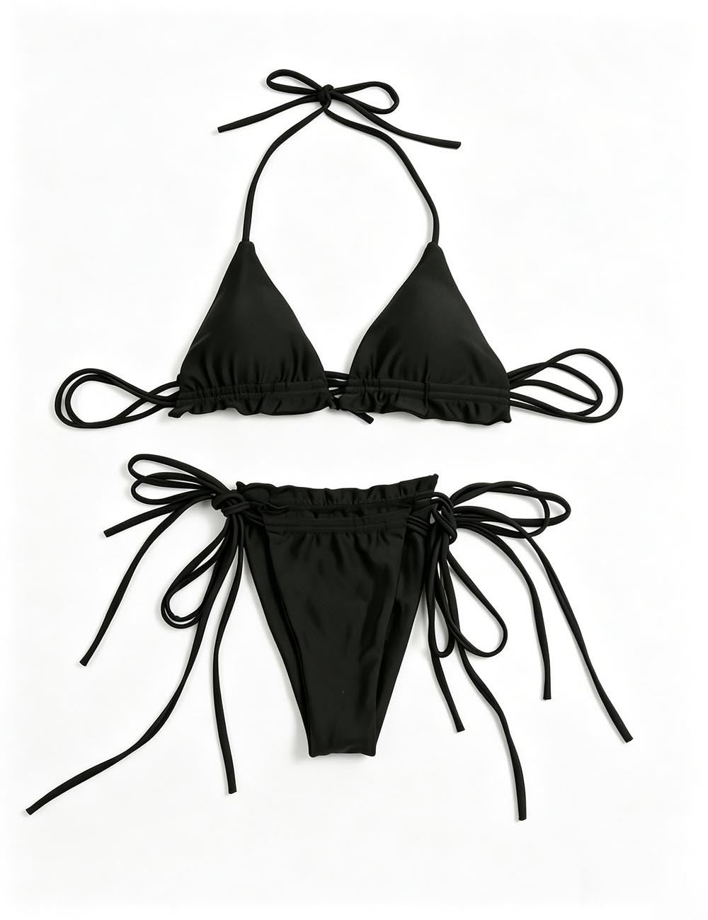 Ladies Ruffle Trim Tie Side Triangle Bikini Set