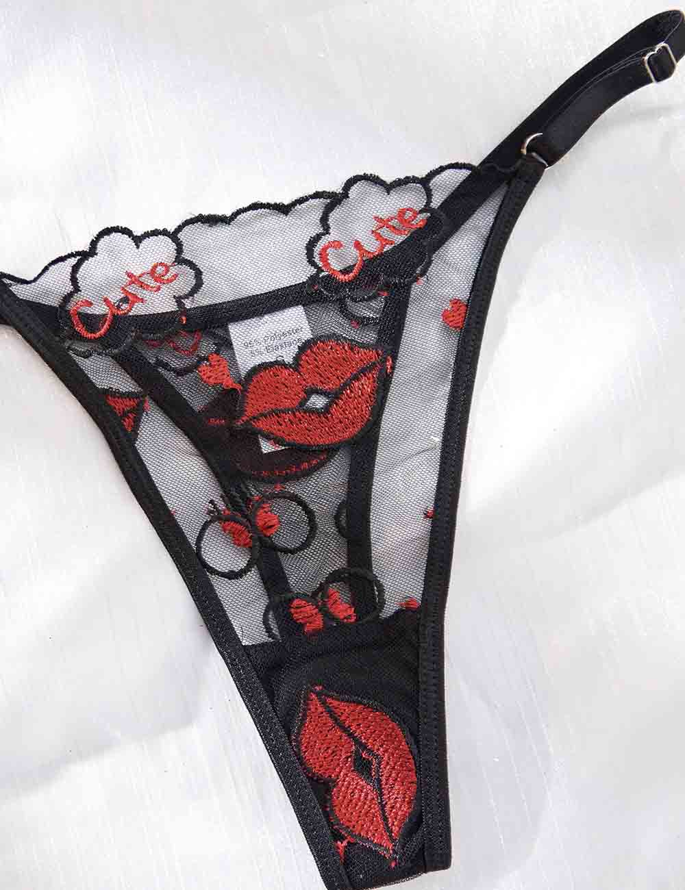 Ladies Red Lip Embroidery See Through 2PCS Lingerie Set 8HF4146