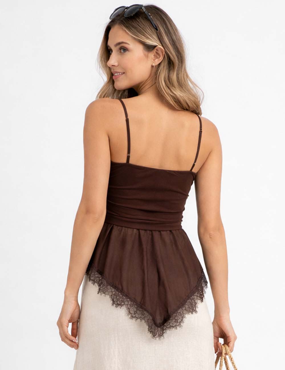 Ladies Sheer Mesh Lace Hem Spaghetti Strap Cami Top