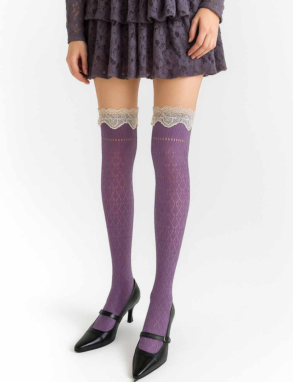 Ladies Vintage Lace Trim Knit Knee High Slouch Socks