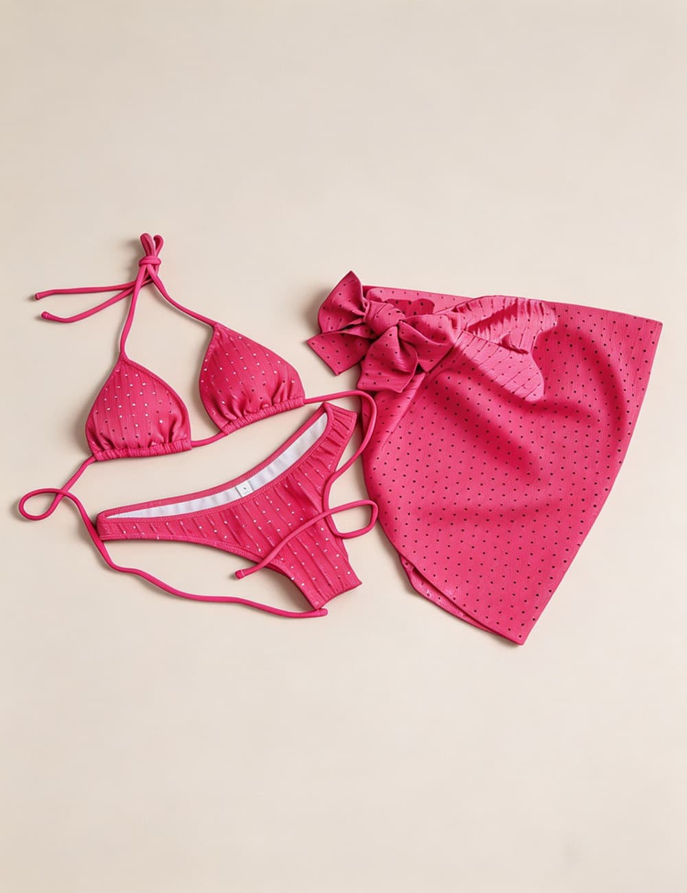 Ladies Solid Color Halter Triangle Bikini Set with Cover Up