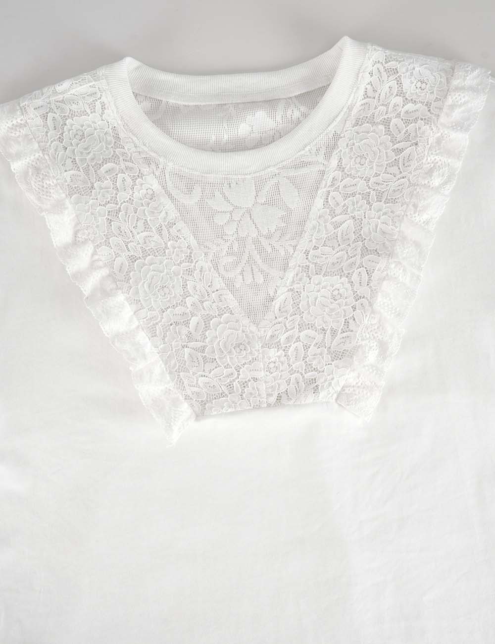 Ladies Romantic Lace Round Neck Ruffle Sleeves Top