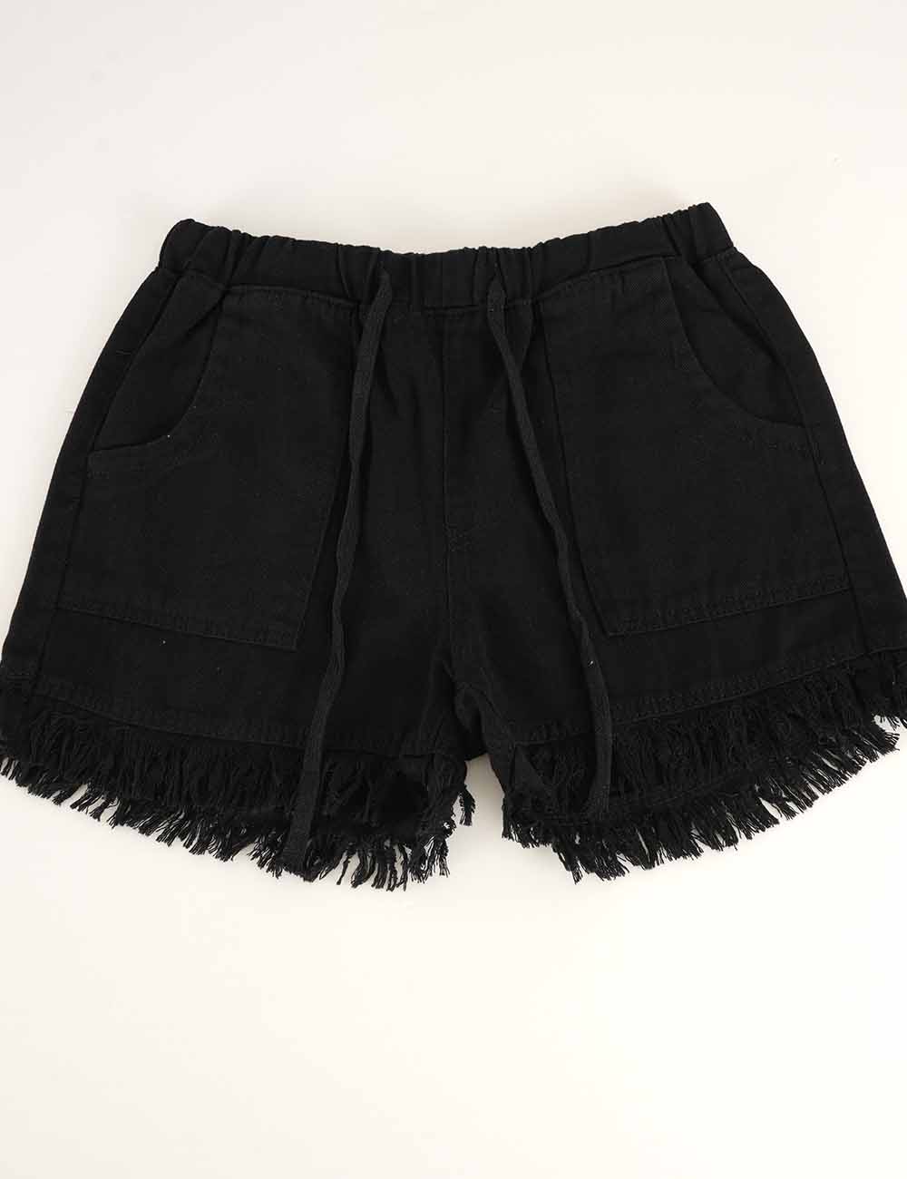 Ladies Solid Color Drawstring Waist Frayed Hem Denim Shorts