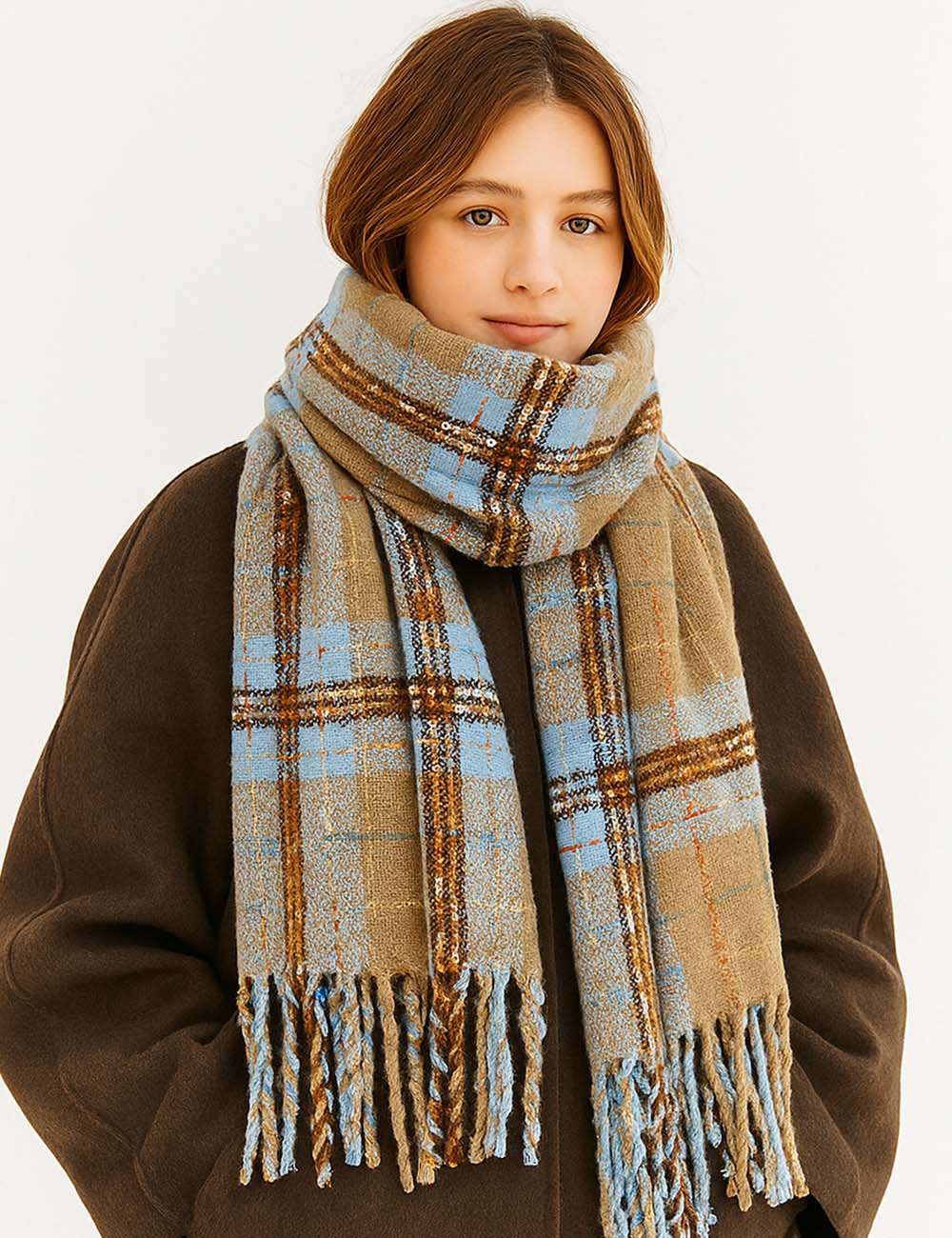 Ladies Christmas Plaid Fringe Oblong Knit Scarf