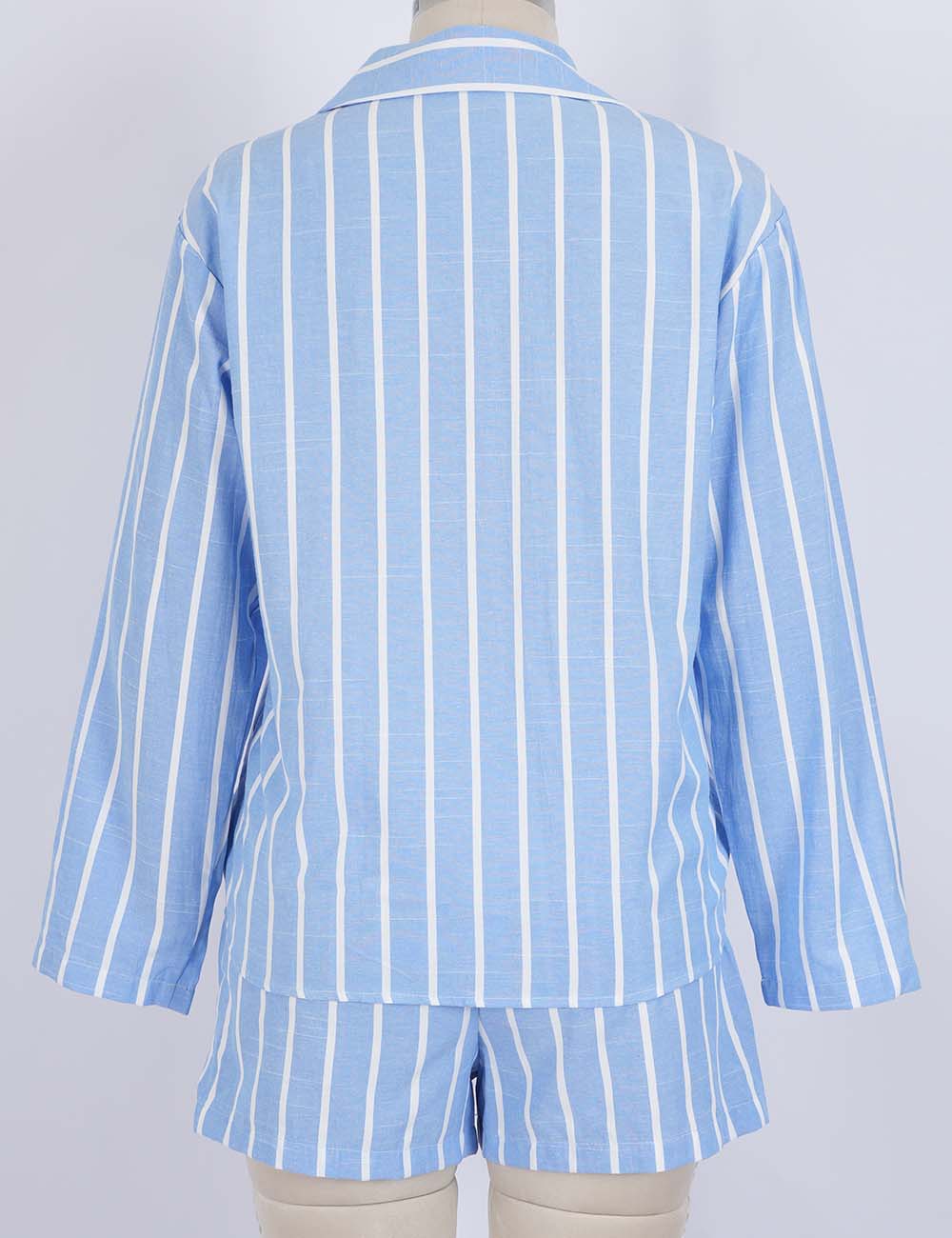 Ladies Striped Button Down Blouse & Shorts Matching Set