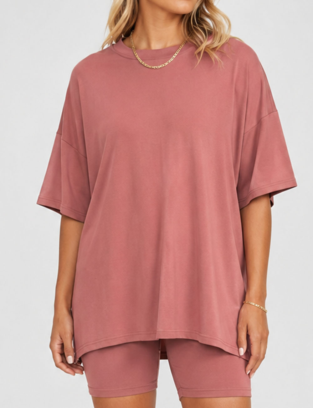 Ladies Solid Loungewear Outfits Loose Top & Slim Shorts Set