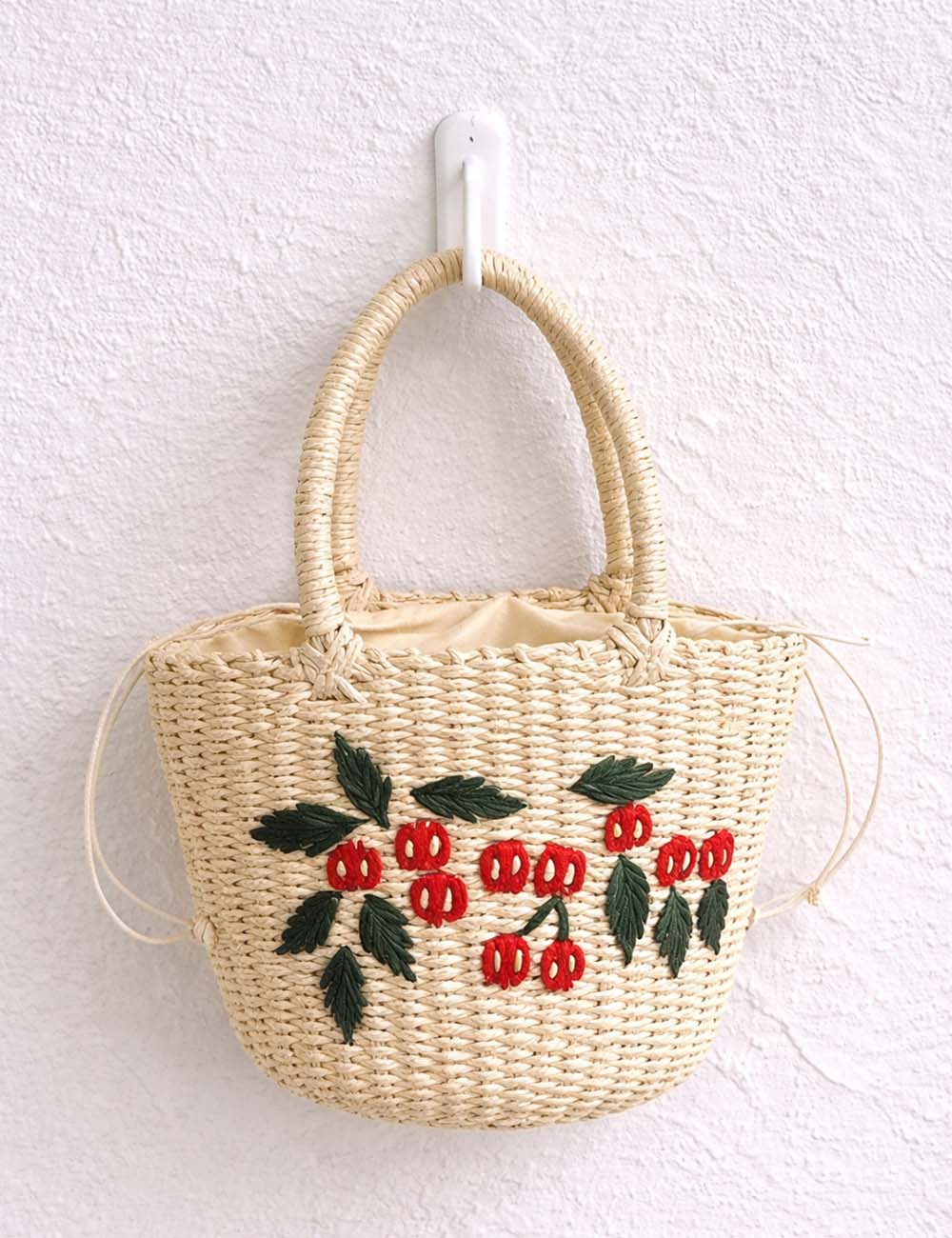 Ladies Boho Cute Fruit Woven Straw Handle Tote Bag