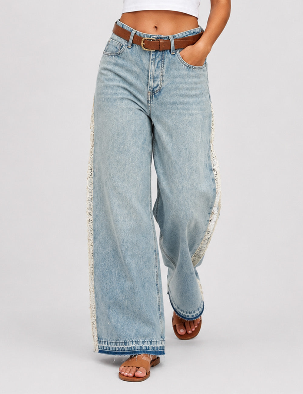 Ladies Lace Panel Washed Jeans Wide Leg Denim Pants