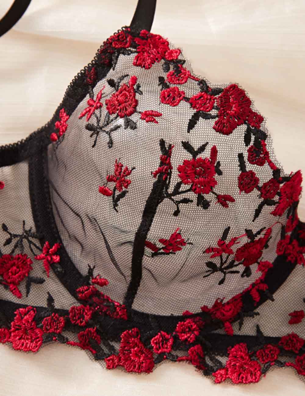 Ladies Sexy Sheer Floral Embroidery Thong 2PCS Lingerie Set