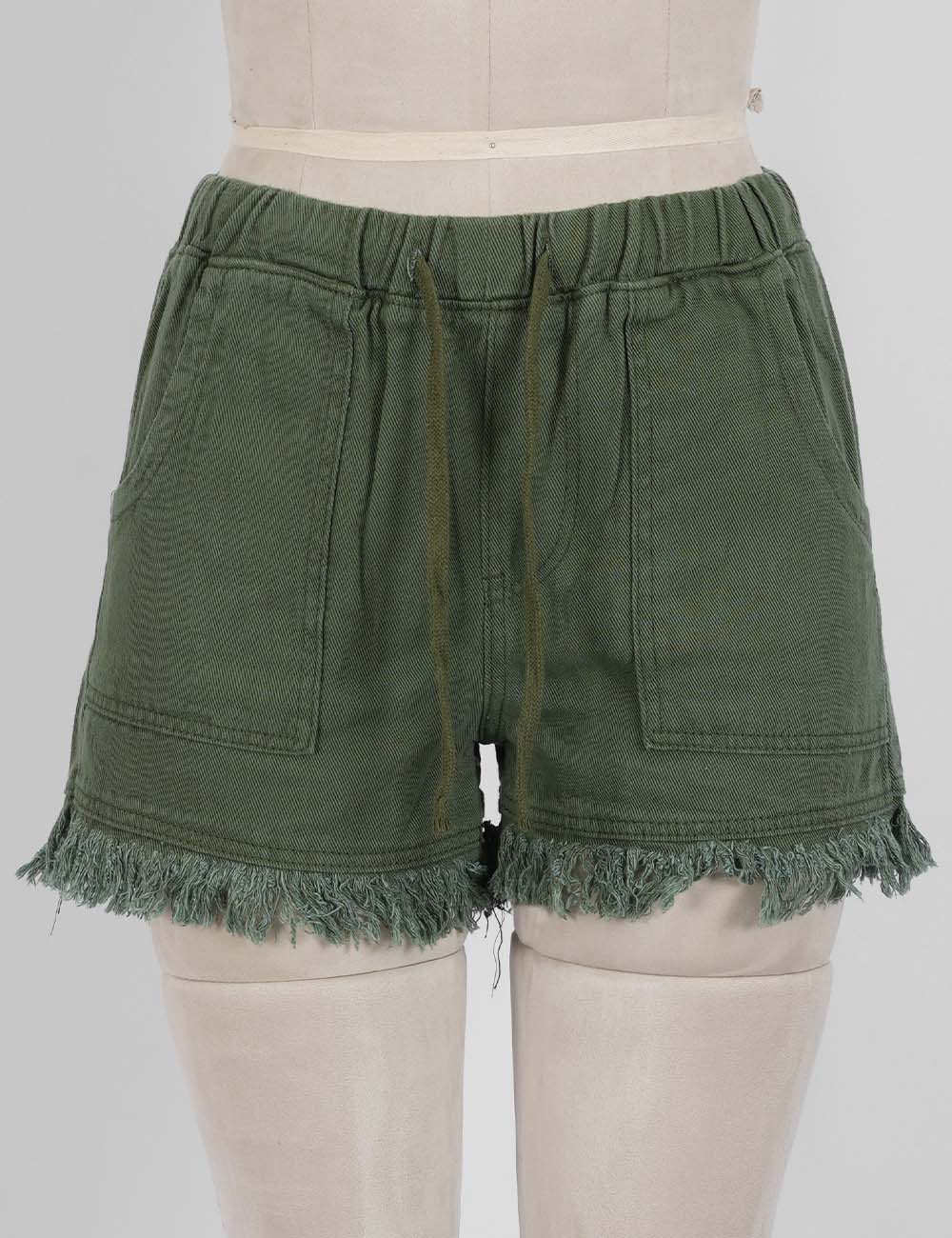 Ladies Solid Color Drawstring Waist Frayed Hem Denim Shorts