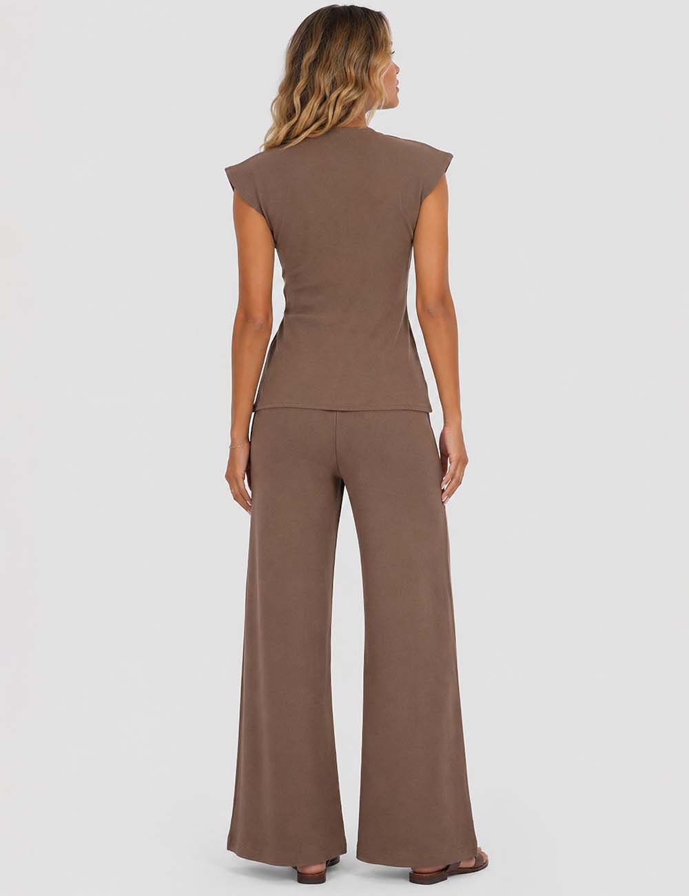 Ladies Solid Color Elastic Waist Wide Leg Pants
