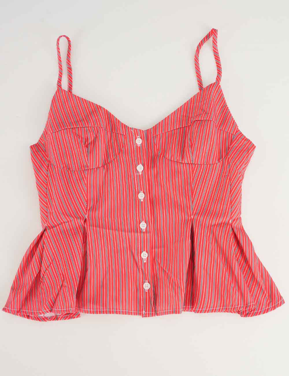Ladies Chic Striped Spaghetti Strap Button Front Peplum Cami Top