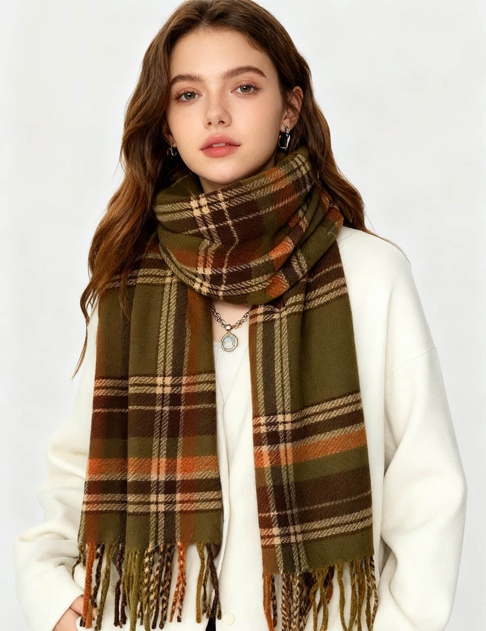 Ladies Vintage Plaid Tassel Hem Knit Scarf